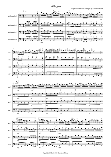 Allegro By Fiocco For Cello Quartet Sheet Music