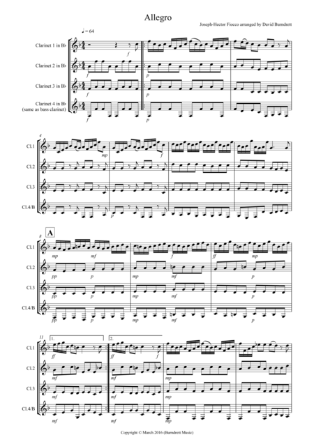 Free Sheet Music Allegro By Fiocco For Clarinet Quartet