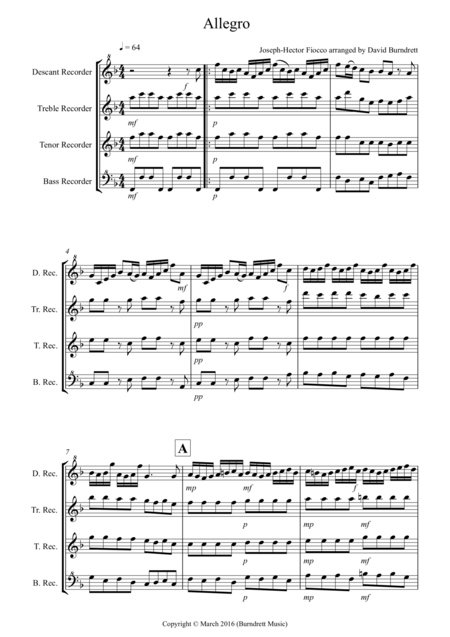 Allegro By Fiocco For Recorder Quartet Sheet Music