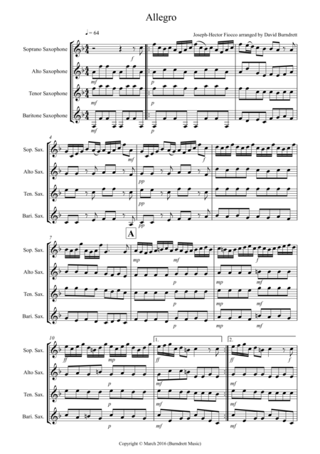 Free Sheet Music Allegro By Fiocco For Saxophone Quartet