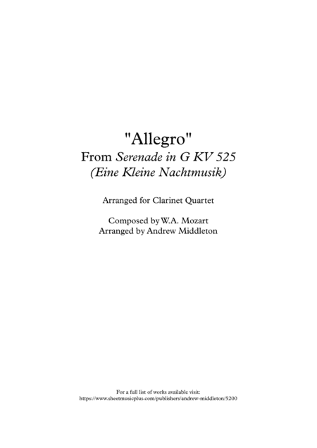 Free Sheet Music Allegro From Eine Kleine Nachtmusik For Clarinet Quartet