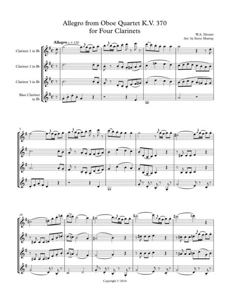 Free Sheet Music Allegro From Oboe Quartet K 370 For Four Clarinets