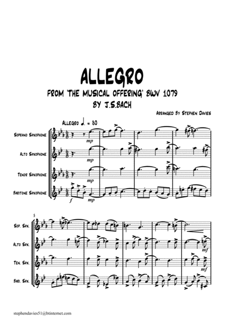 Allegro From The Musical Offering By Js Bach Bwv1079 For Saxophone Quartet Sheet Music