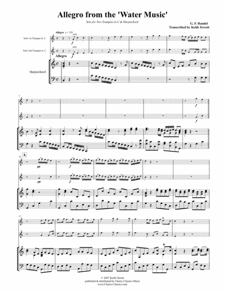 Free Sheet Music Allegro From The Water Music For Two Trumpets And Organ Or Piano