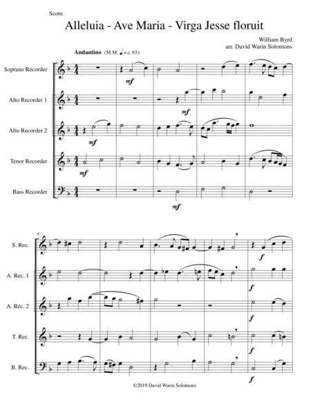 Free Sheet Music Alleluia Ave Maria Virga Jesse Floruit Arranged For Recorder Quintet