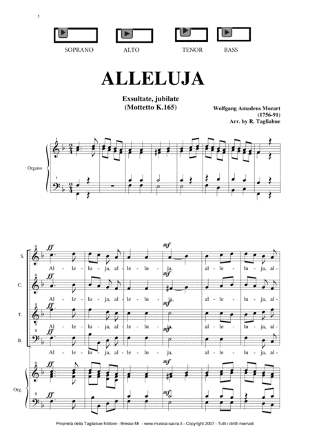 Free Sheet Music Alleluja Exsultate Jubilate K 165 W A Mozart Arr For Satb Choir And Organ Pdf Files With Embedded Mp3 Files Of The Individual Parts