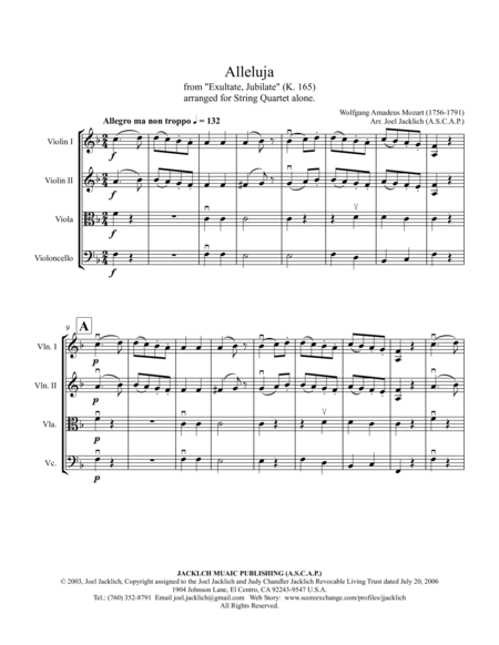 Alleluja From Exultate Jubilate K 165 For String Quartet Sheet Music