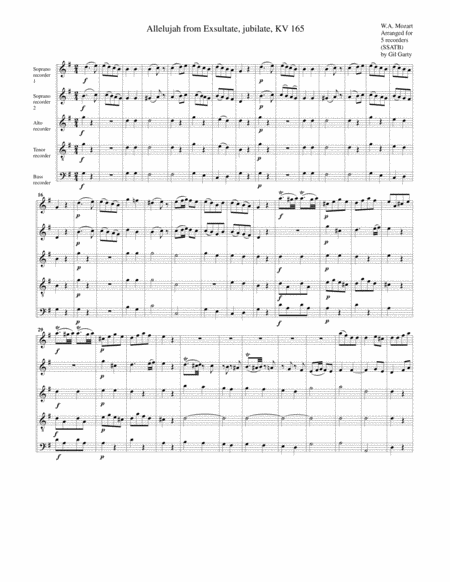 Allelujah From Exsultate Jubilate Kv 165 Arrangement For 5 Recorders Sheet Music