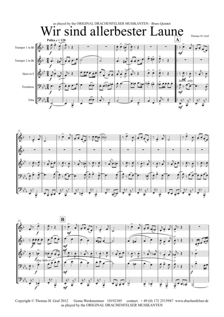 Allerbester Laune German Polka Brass Quintet Sheet Music