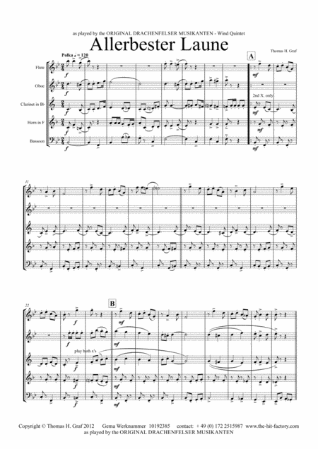 Allerbester Laune German Polka Wind Quintet Sheet Music