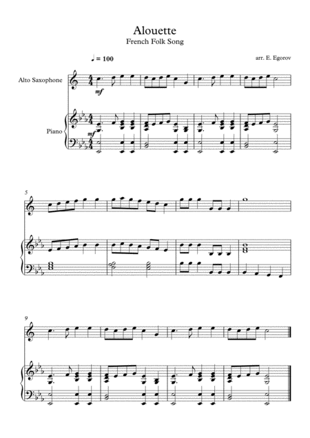 Alouette French Folk Song For Alto Saxophone Piano Sheet Music