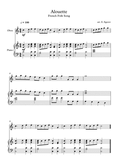 Free Sheet Music Alouette French Folk Song For Oboe Piano