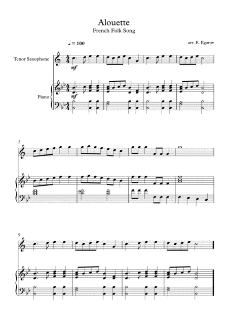 Free Sheet Music Alouette French Folk Song For Tenor Saxophone Piano