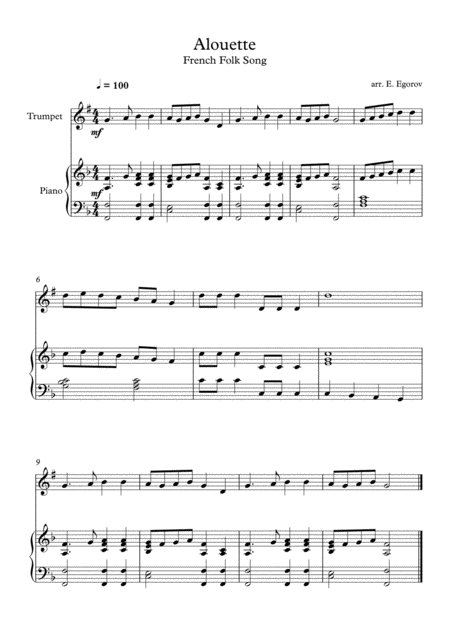 Alouette French Folk Song For Trumpet Piano Sheet Music