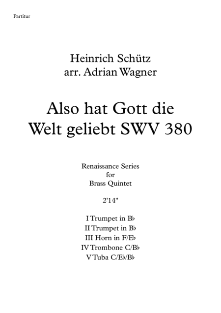 Also Hat Gott Die Welt Geliebt Swv 380 Heinrich Schtz Brass Quintet Arr Adrian Wagner Sheet Music