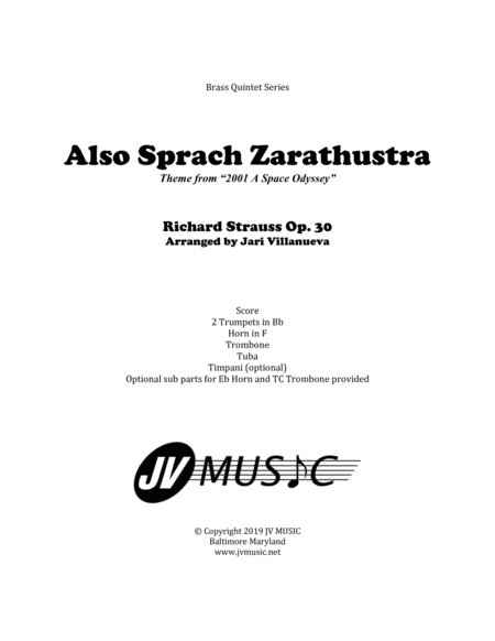 Free Sheet Music Also Sprach Zarathustra For Brass Quintet With Optional Timpani