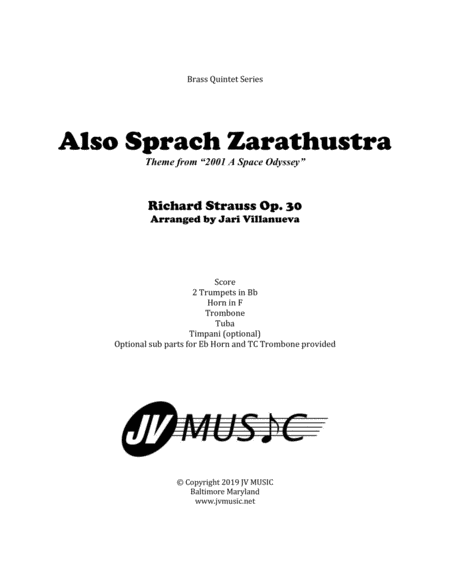 Also Sprach Zarathustra For Brass Quintet With Optional Timpani Sheet Music