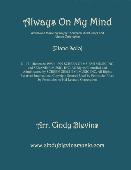 Always On My Mind Arranged For Piano Solo Sheet Music