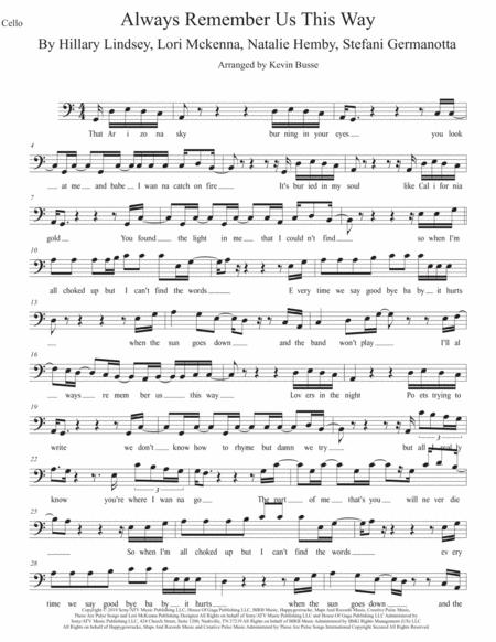 Always Remember Us This Way Easy Key Of C Cello Sheet Music