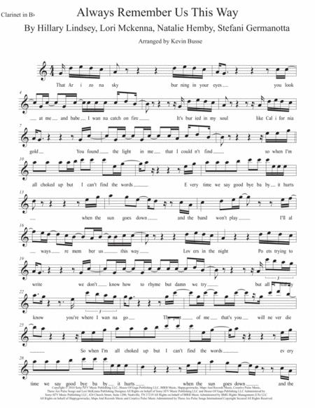 Always Remember Us This Way Easy Key Of C Clarinet Sheet Music