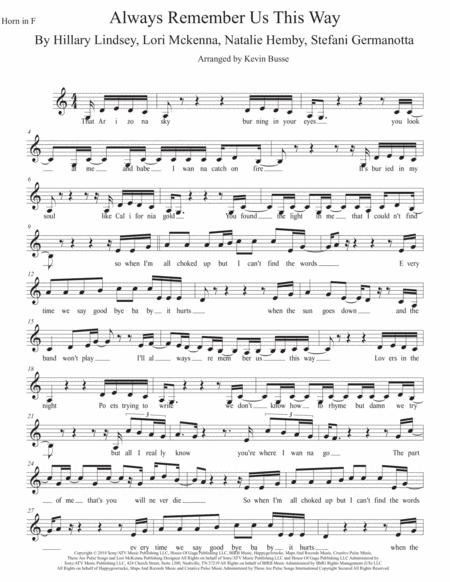 Free Sheet Music Always Remember Us This Way Easy Key Of C Horn In F