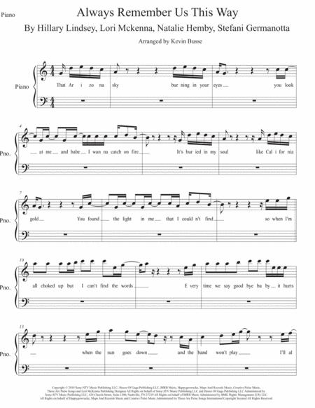 Always Remember Us This Way Easy Key Of C Piano Sheet Music