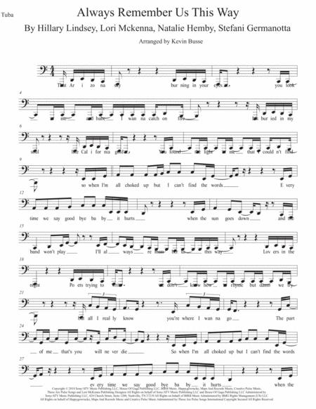 Free Sheet Music Always Remember Us This Way Easy Key Of C Tuba