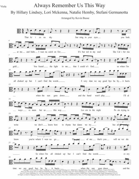 Always Remember Us This Way Easy Key Of C Viola Sheet Music