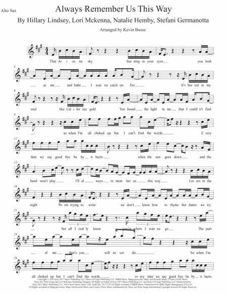 Always Remember Us This Way Original Key Alto Sax Sheet Music