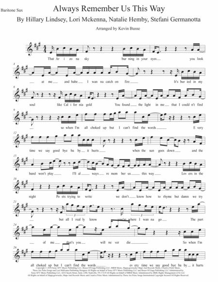 Always Remember Us This Way Original Key Bari Sax Sheet Music