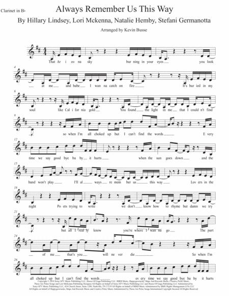 Free Sheet Music Always Remember Us This Way Original Key Clarinet