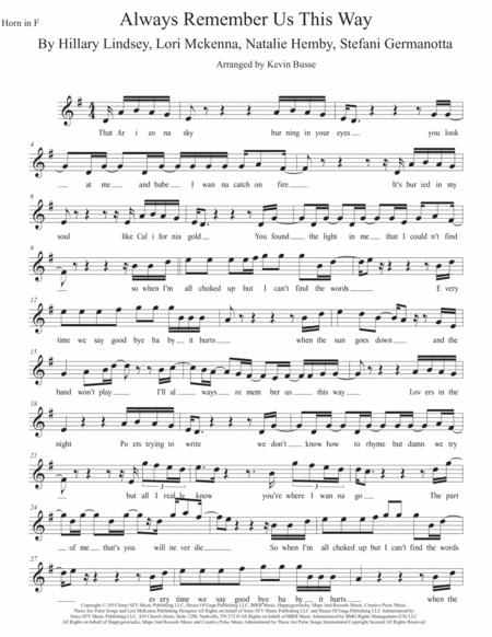 Always Remember Us This Way Original Key Horn In F Sheet Music