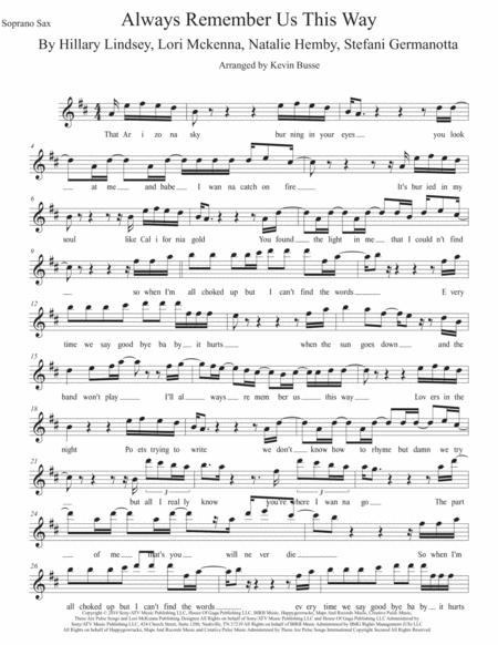 Always Remember Us This Way Original Key Soprano Sax Sheet Music