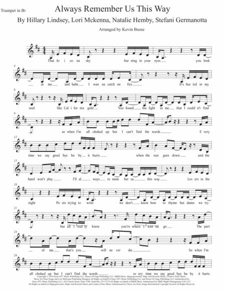 Free Sheet Music Always Remember Us This Way Original Key Trumpet