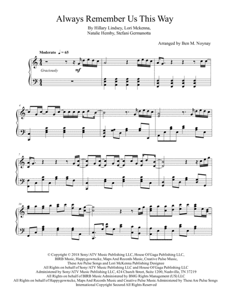 Always Remember Us This Way Piano Solo Intermediate Sheet Music