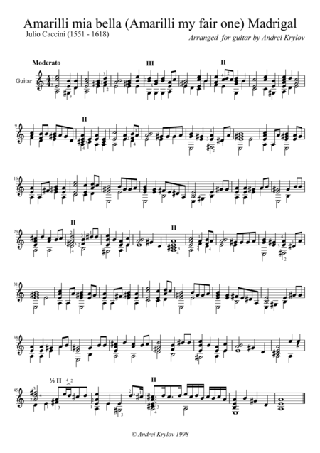 Amarilli Mia Bella Amarilli My Fair One Madrigal By Julio Caccini 1551 1618 Arranged For Classical Guitar By Andrei Krylov Sheet Music