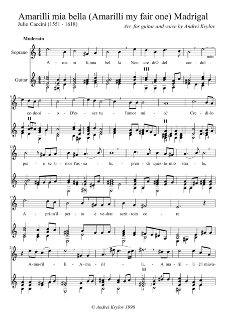 Amarilli Mia Bella Madrigal By Giulio Caccini Arranged For Classical Guitar And Voice By Andrei Krylov Sheet Music