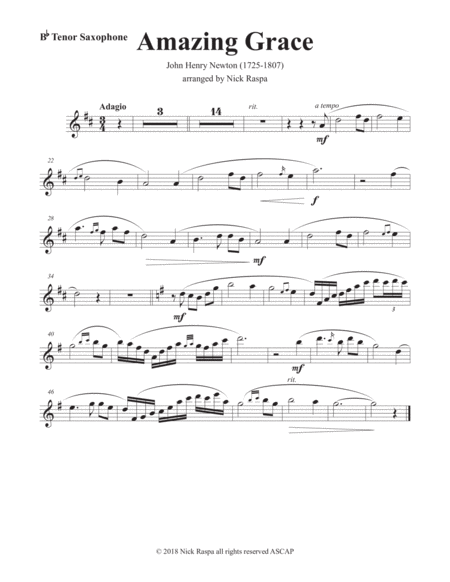 Amazing Grace B Flat Tenor Sax Piano Tenor Sax Part Sheet Music