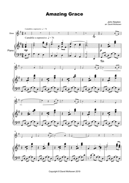 Amazing Grace Concert Solo For Oboe And Piano Sheet Music