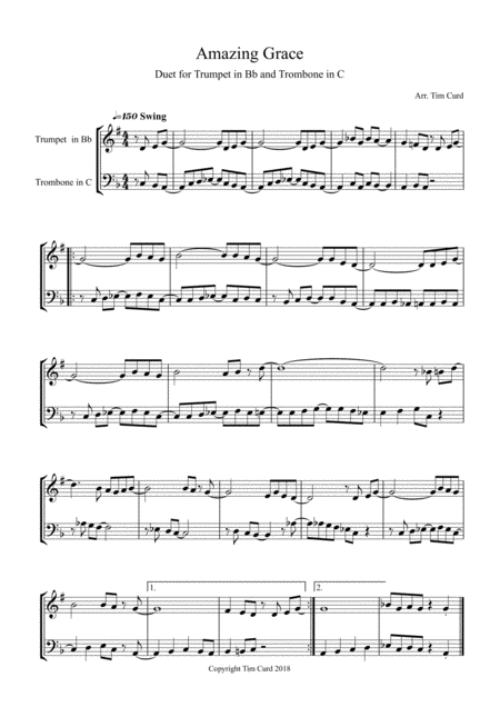 Free Sheet Music Amazing Grace Duet For Trumpet And Trombone