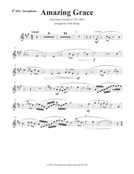 Amazing Grace E Flat Alto Sax Piano Alto Sax Part Sheet Music