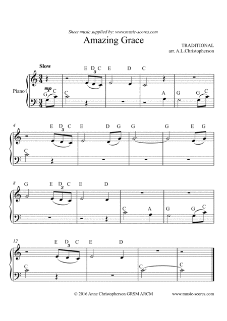 Amazing Grace Easy Piano With Note Names Sheet Music