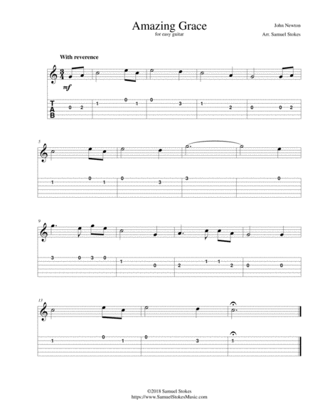 Amazing Grace For Easy Guitar With Tab Sheet Music