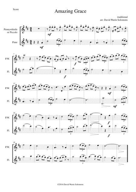 Amazing Grace For Penny Whistle Or Piccolo And Flute Sheet Music