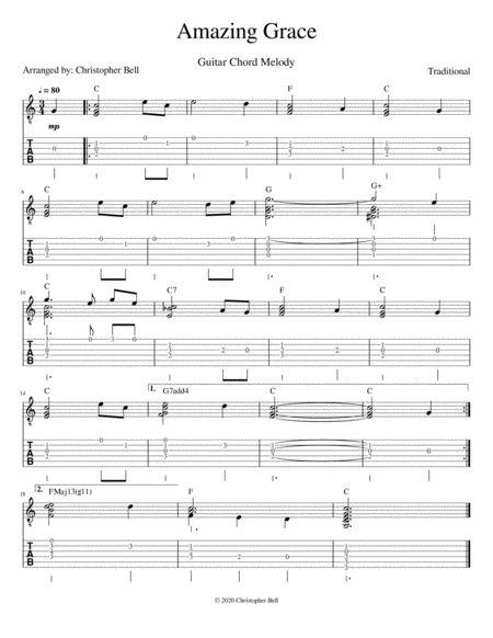 Amazing Grace Guitar Chord Melody Sheet Music