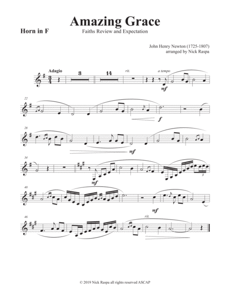 Amazing Grace Horn In F And Piano Horn In F Part Sheet Music