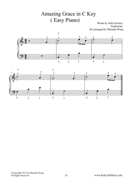 Amazing Grace In C Key Easy Piano Sheet Music