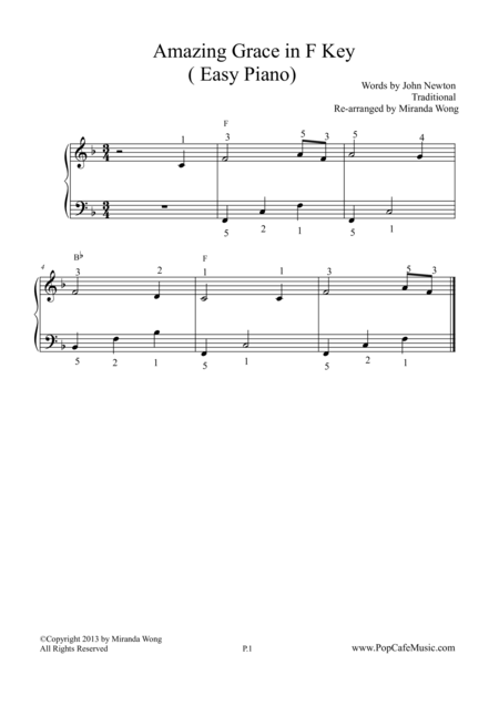 Amazing Grace In F Key Easy Piano Sheet Music