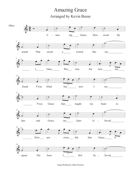 Free Sheet Music Amazing Grace In The Easy Key Of C Oboe