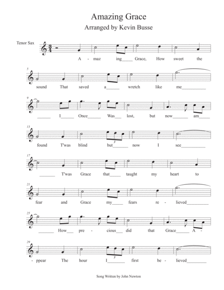 Free Sheet Music Amazing Grace In The Easy Key Of C Tenor Sax
